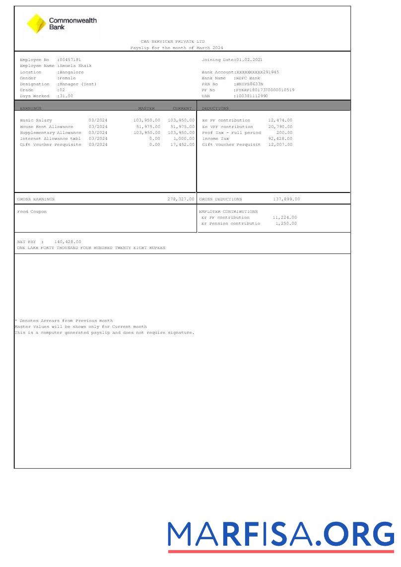 Realistic Commonwealth Bank CBA Services payslip real example